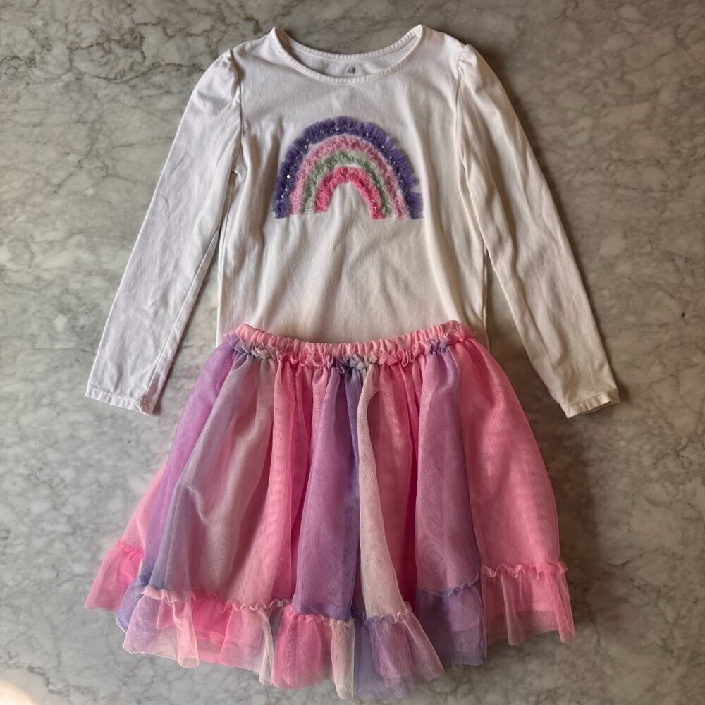H&M Girls Rainbow Tulle Skirt & Long Sleeve Top Set Size 6-7 Pink Purple Outfit